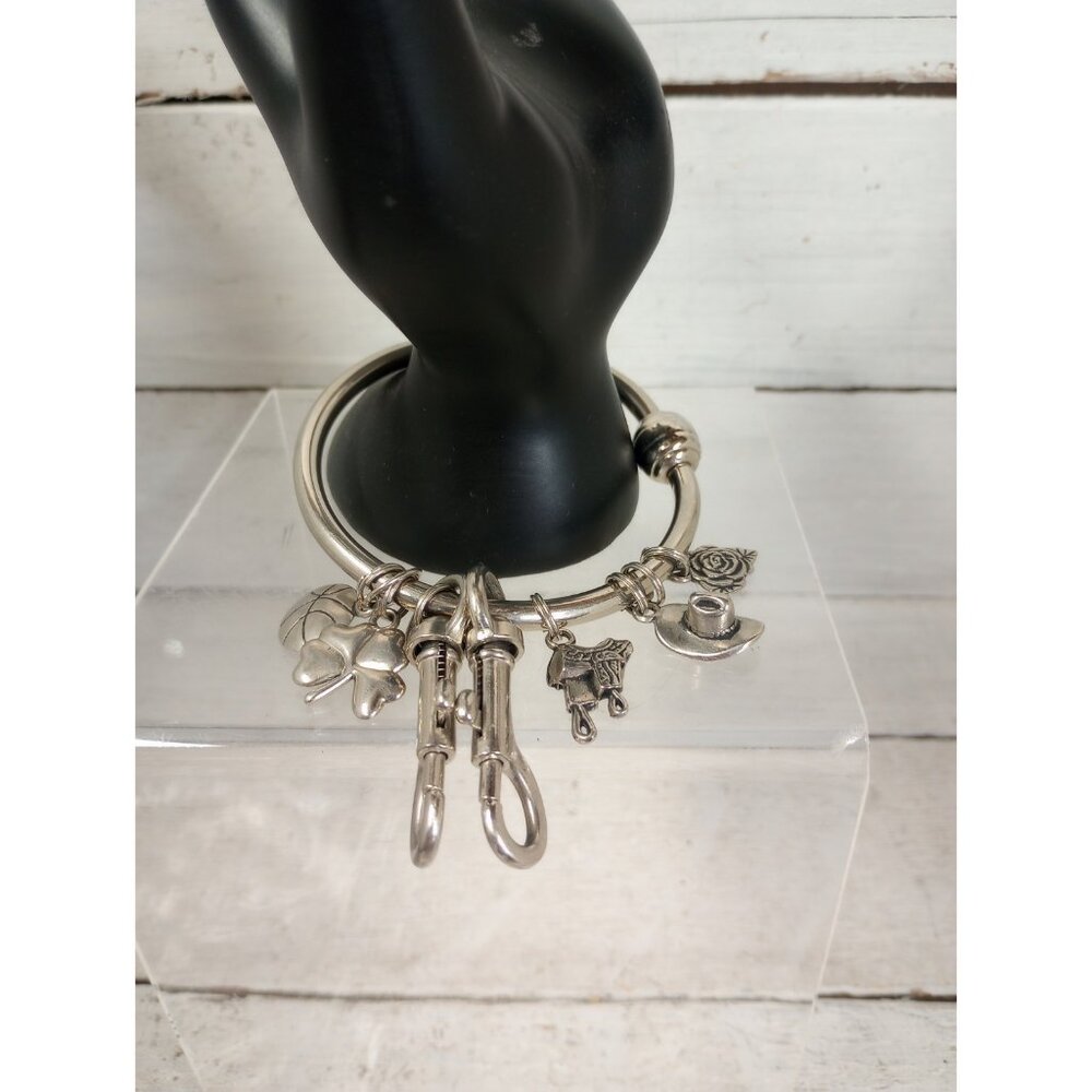 Charm Key Chain Clip Silver Tone Cowboy Hat, Saddle Clover Flower 5 Charms